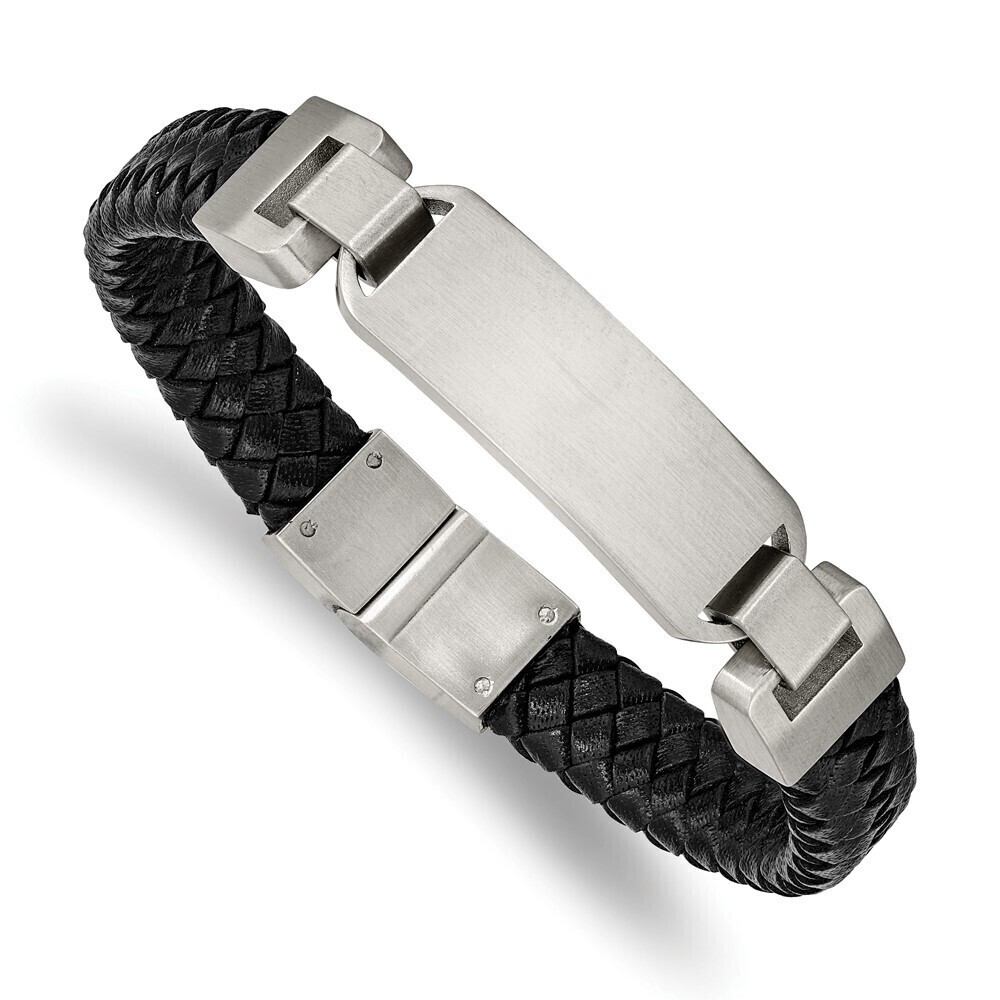 Kazi Luxury Stainless Steel Brushed Black Leather 8.5in ID Bracelet